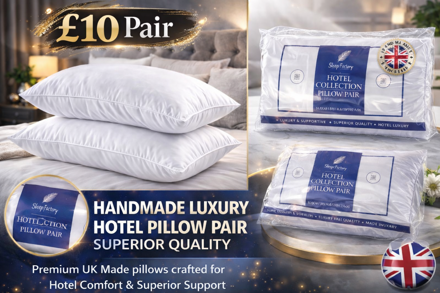 UK Handmade Hotel Quality Pillow Pair Luxury Soft Support £10 Premium